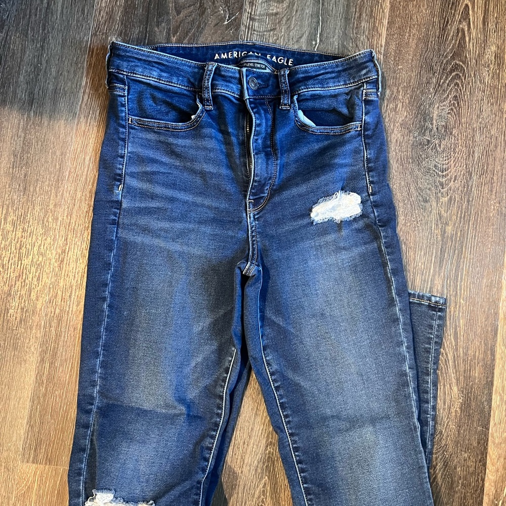 American Eagle Outfitters Blue Skinny Jeans with Distressed Details
